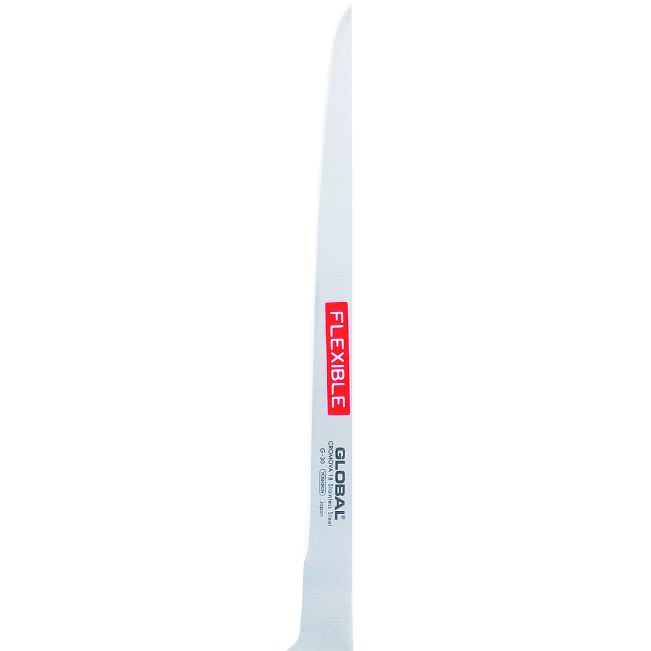 Ein weißes, flexibles GLOBAL G-30 Messer wird vertikal gezeigt. Das Wort FLEXIBLE ist rot auf der Klinge aufgedruckt.