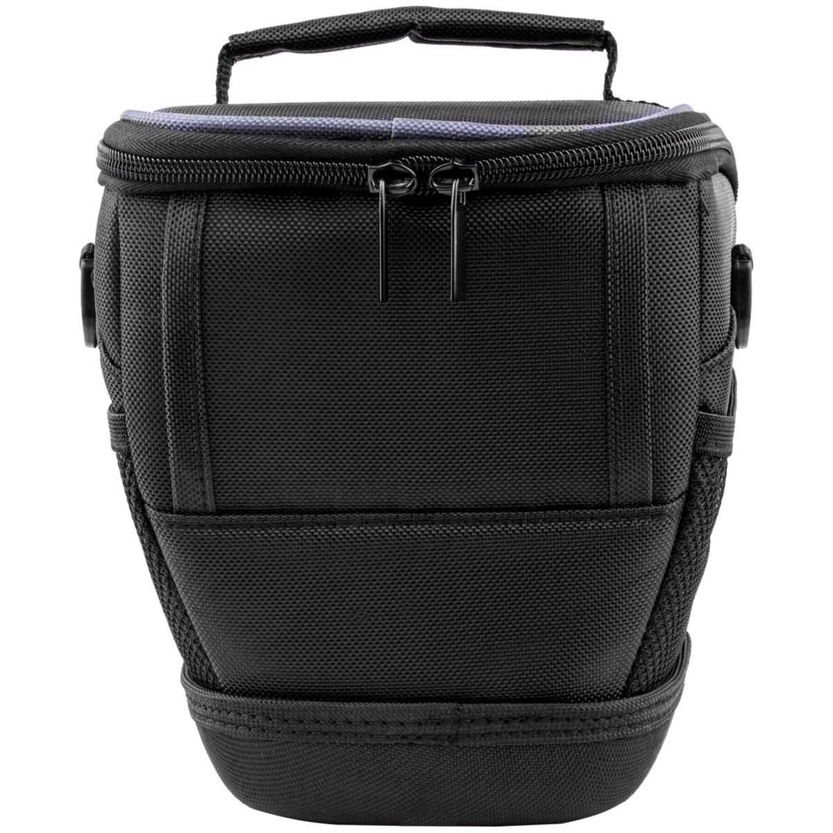 Schwarze Kameratasche mit Griff und Reißverschluss. Sie hat ein strukturiertes Design mit einer seitlichen Netztasche. Der Hintergrund ist weiß.