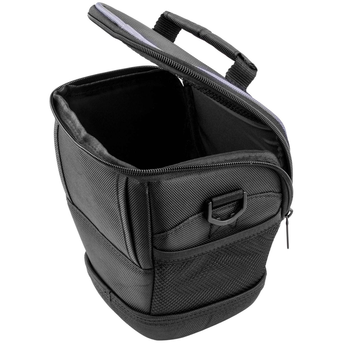 Offene schwarze Kameratasche mit Griff und Reißverschluss. Sie hat eine Netztasche und einen silbernen Akzent oben.