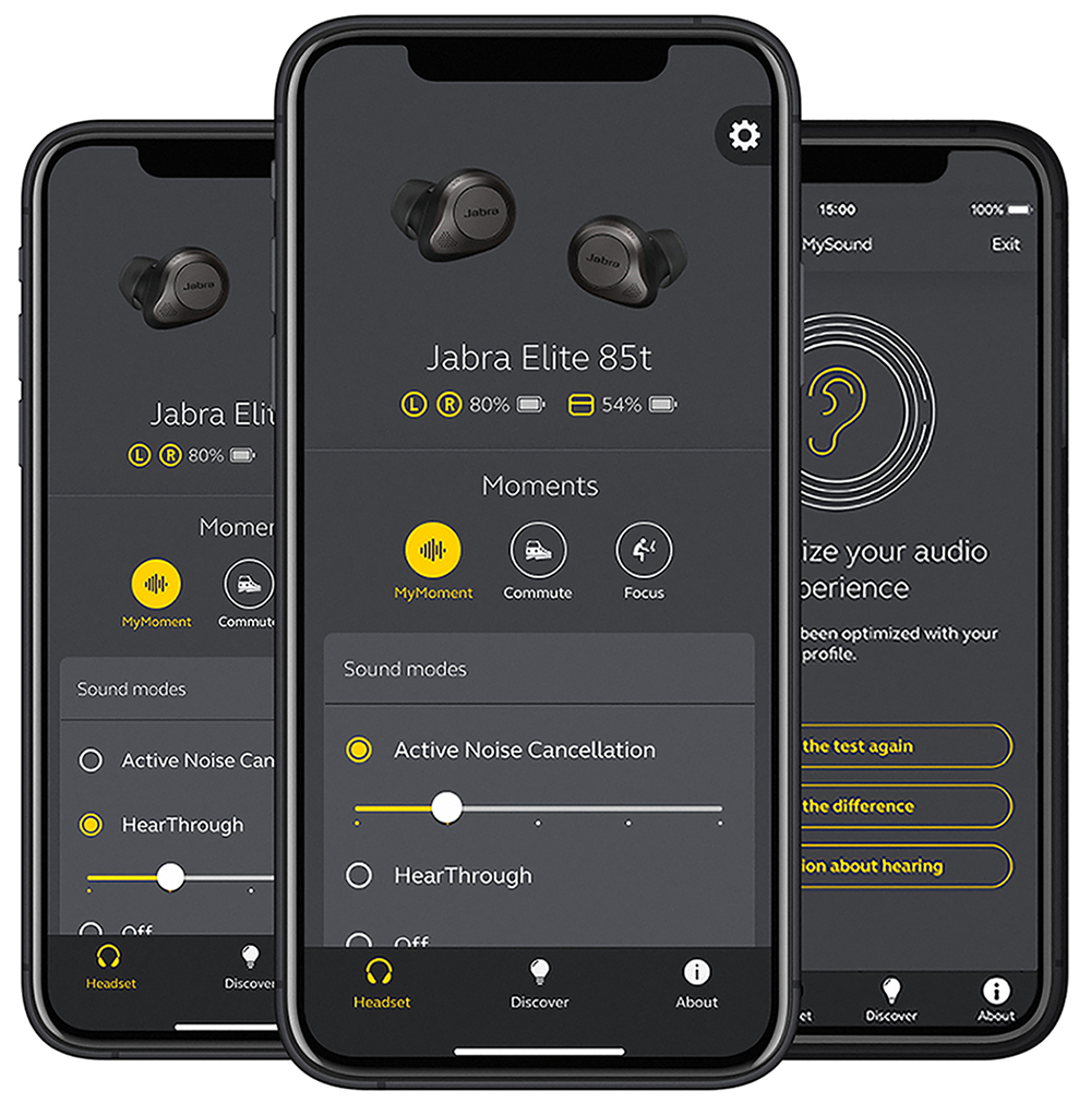 Tre smartphone mostrano l'app Jabra Elite 85t. Le funzioni includono modalità audio e livelli di batteria.