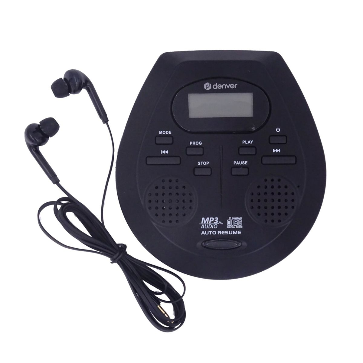 Czarny przenośny odtwarzacz CD z dołączonymi słuchawkami. Posiada przyciski trybu, odtwarzania, pauzy, stopu i pomijania. Widoczne logo Denver.