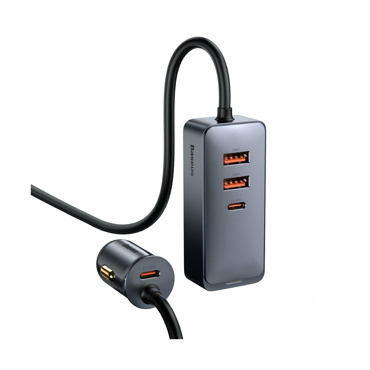 Un hub di ricarica USB Baseus grigio scuro con porte multiple e un adattatore per caricabatterie da auto. L'hub ha un cavo nero.