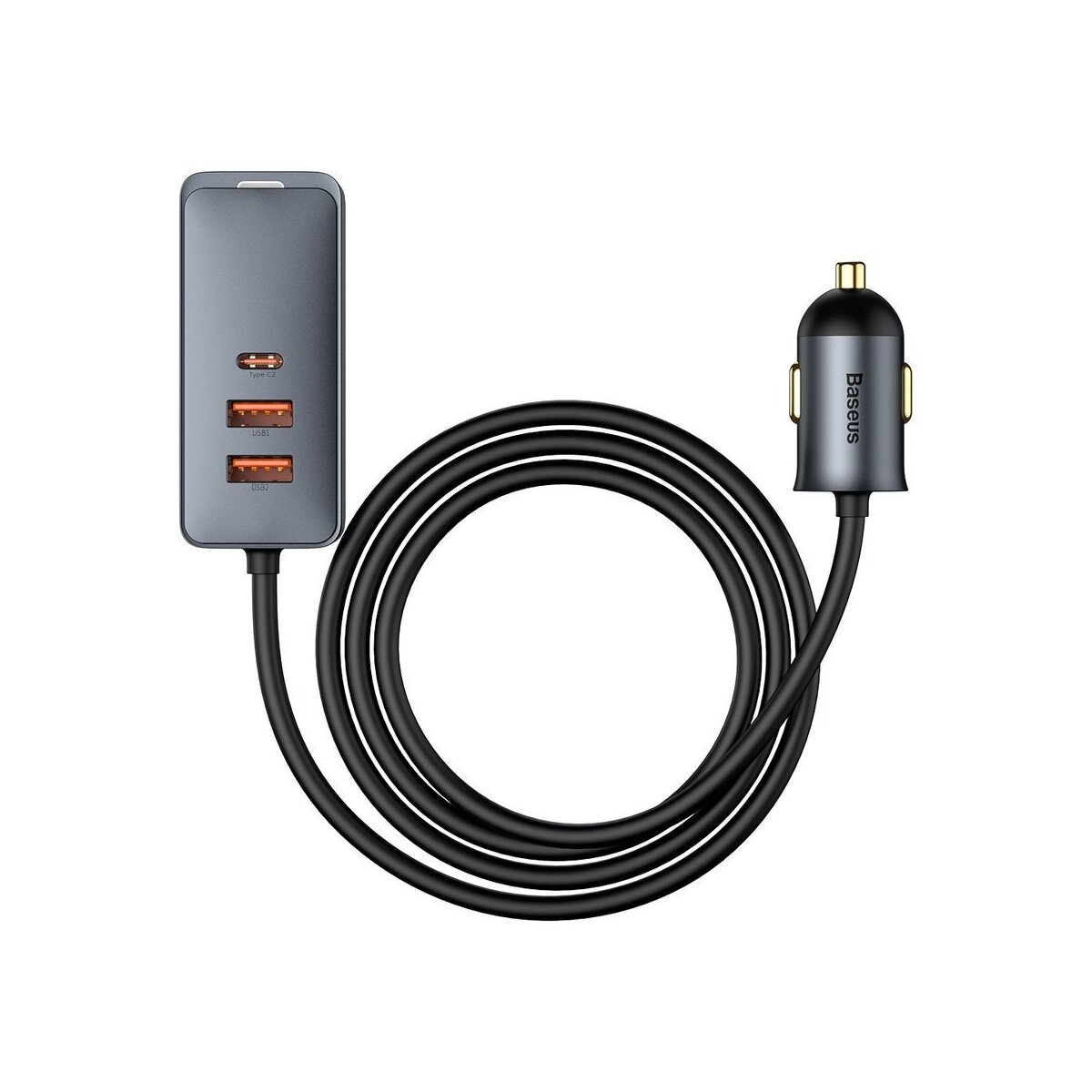 Caricabatterie per auto con corpo grigio. Ha porte USB e USB-C. Un cavo nero si collega all'adattatore.