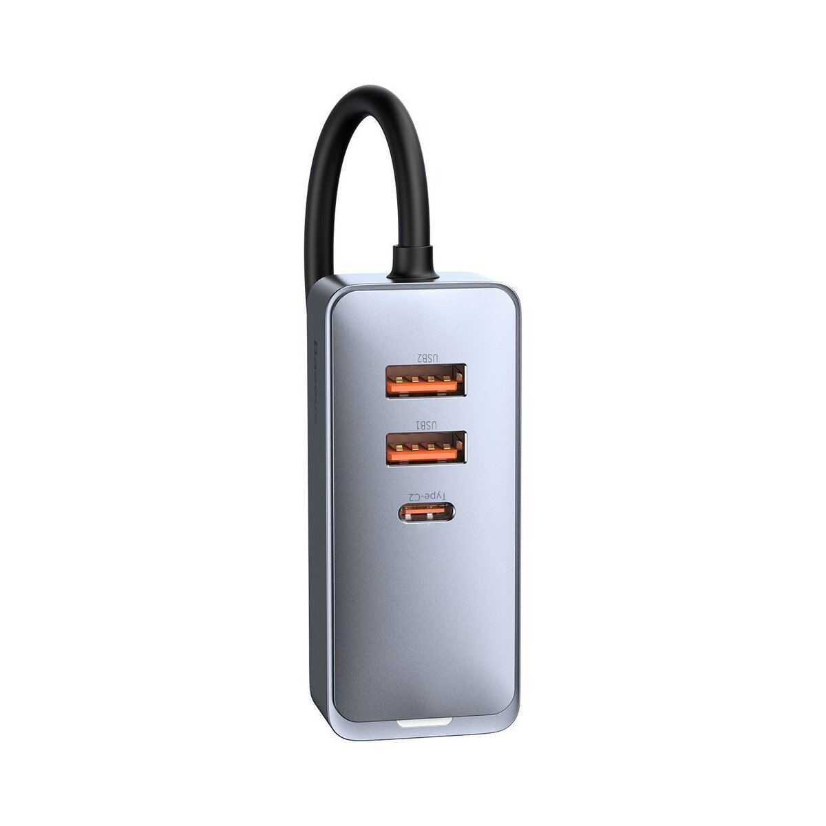 Un hub di ricarica argentato con un cavo nero. Ha porte USB e Type-C. Le porte sono etichettate. Lo sfondo è bianco.