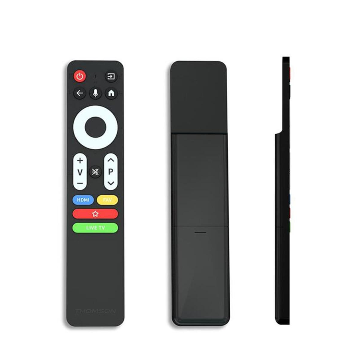 Three black Thomson remote controls. One has buttons, one is blank, and one shows a side view with colored buttons.