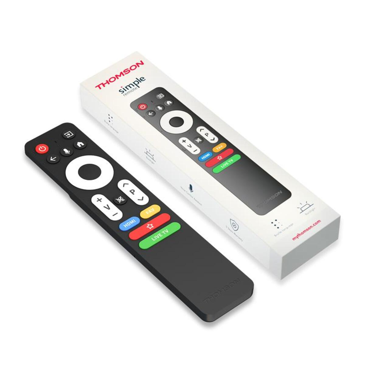 A black Thomson remote control and box. The remote has buttons for power, volume, and channel. The box is white with the brand name.