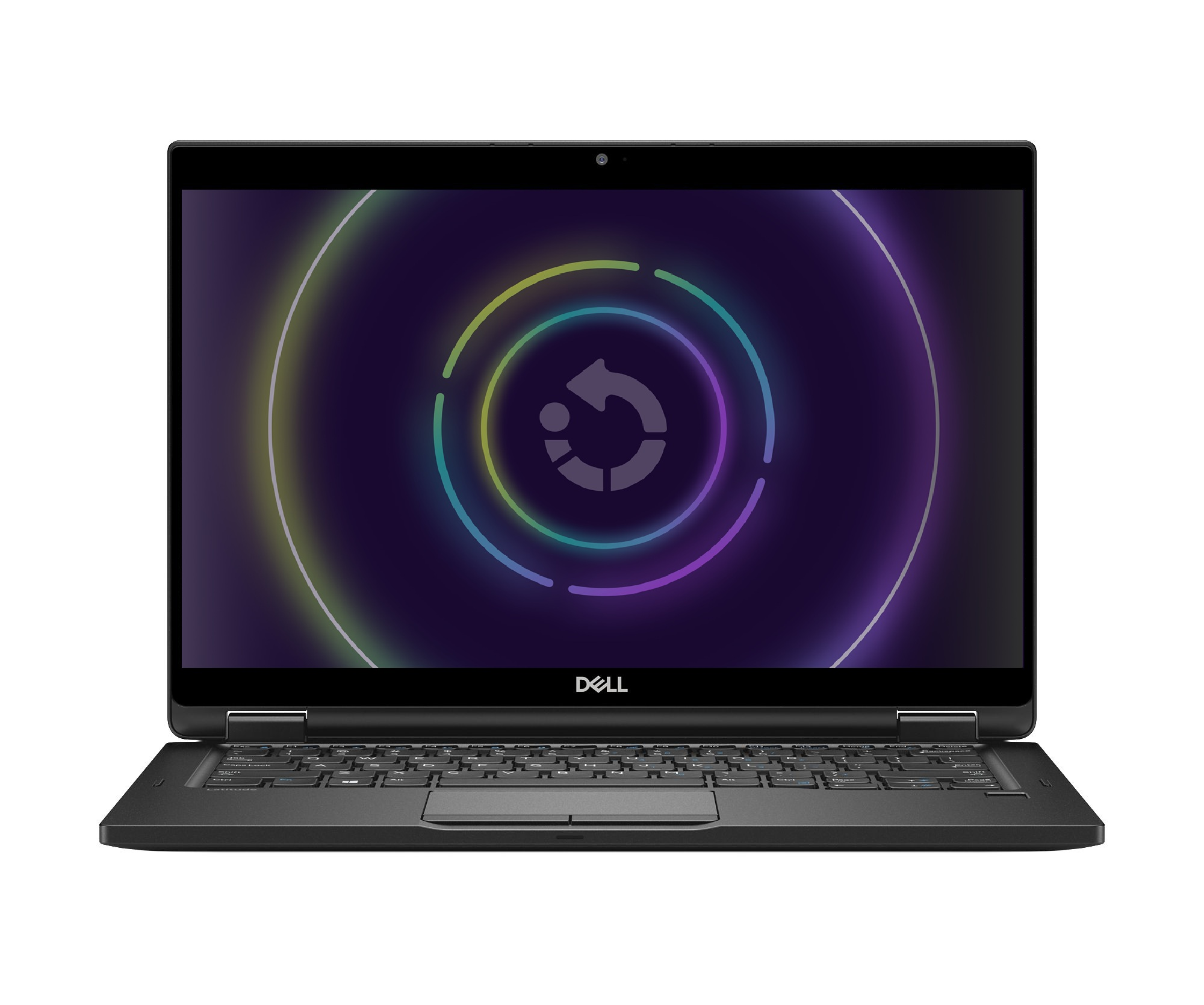 Ein schwarzer Dell-Laptop ist geöffnet. Der Bildschirm zeigt eine farbenfrohe kreisförmige Grafik und ein Dell-Logo.