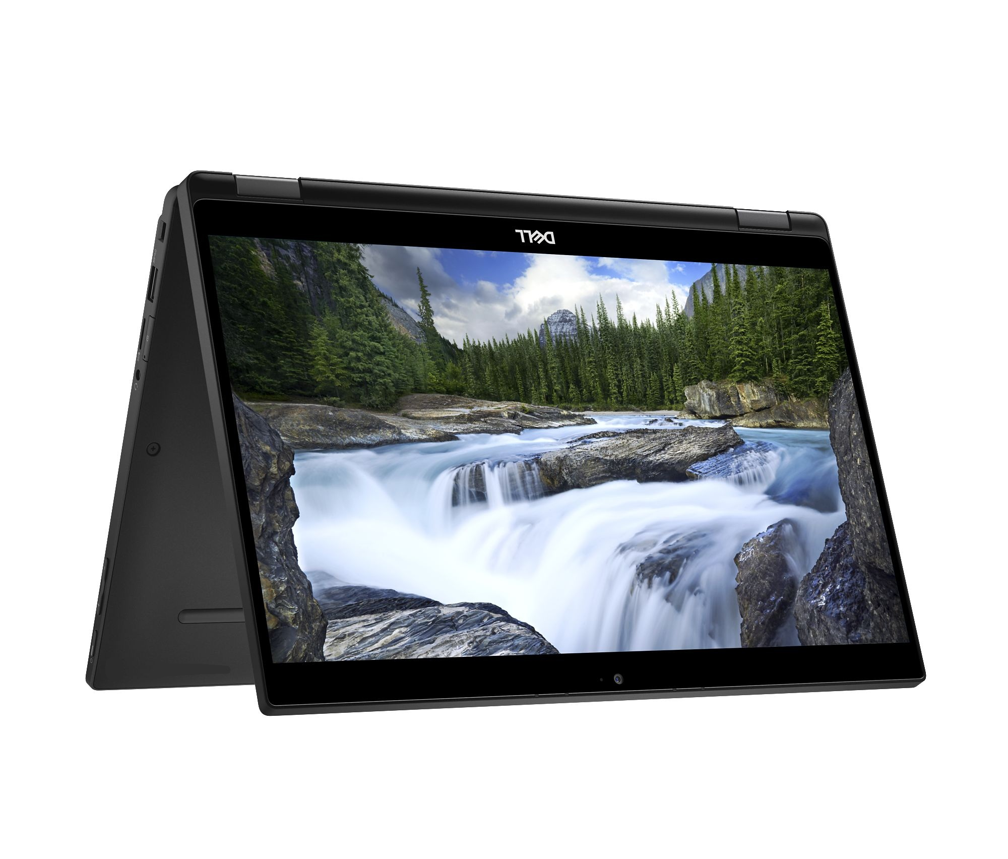 Schwarzer Dell-Laptop mit einem Bildschirm, der eine Wasserfallszene zeigt, teilweise geöffnet. Der Laptop steht auf weißem Hintergrund.
