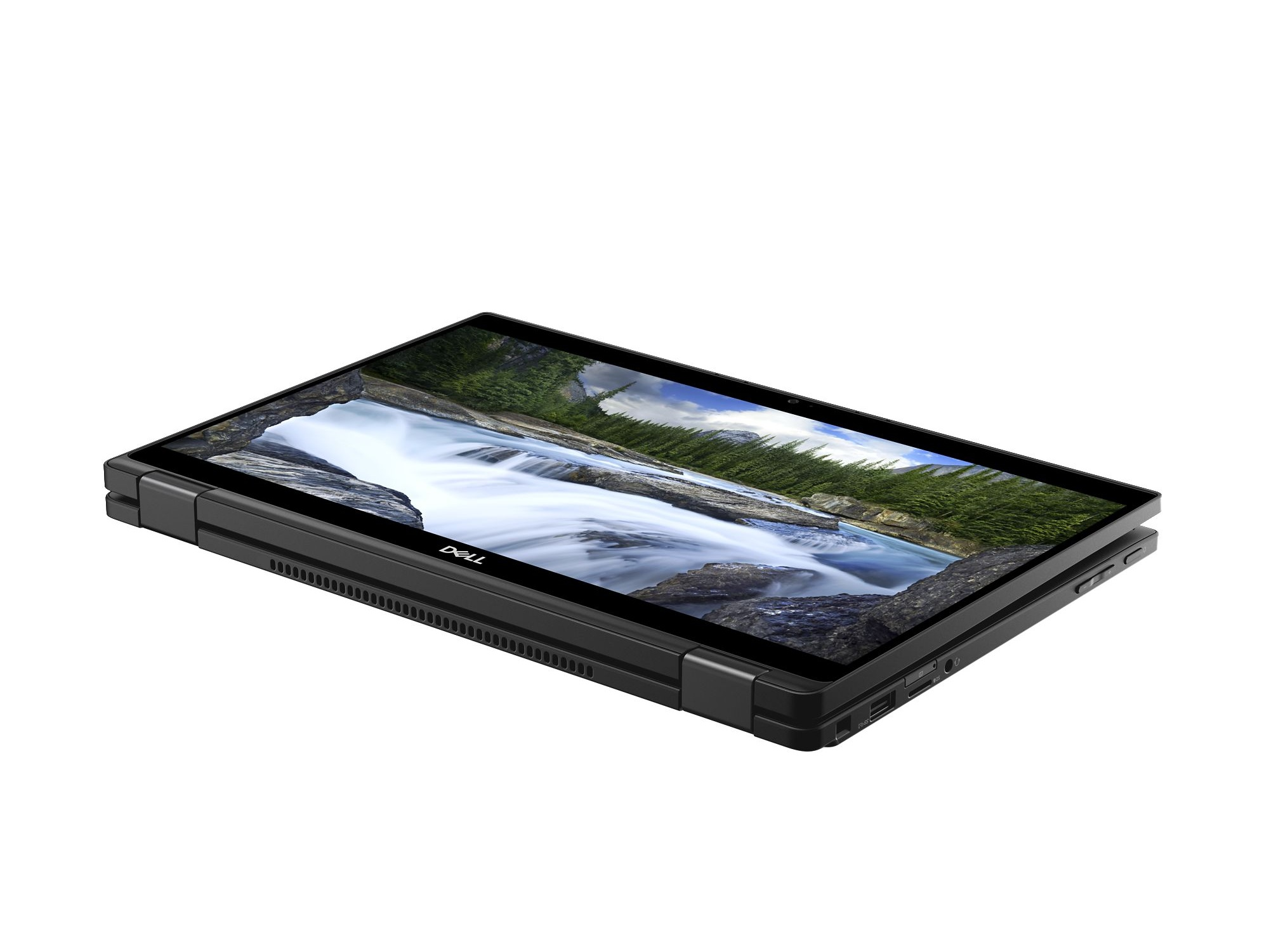 Ein schwarzer Dell-Laptop ist teilweise geöffnet und zeigt ein Landschaftsbild eines Flusses und Berge. Der Laptop steht auf weißem Hintergrund.