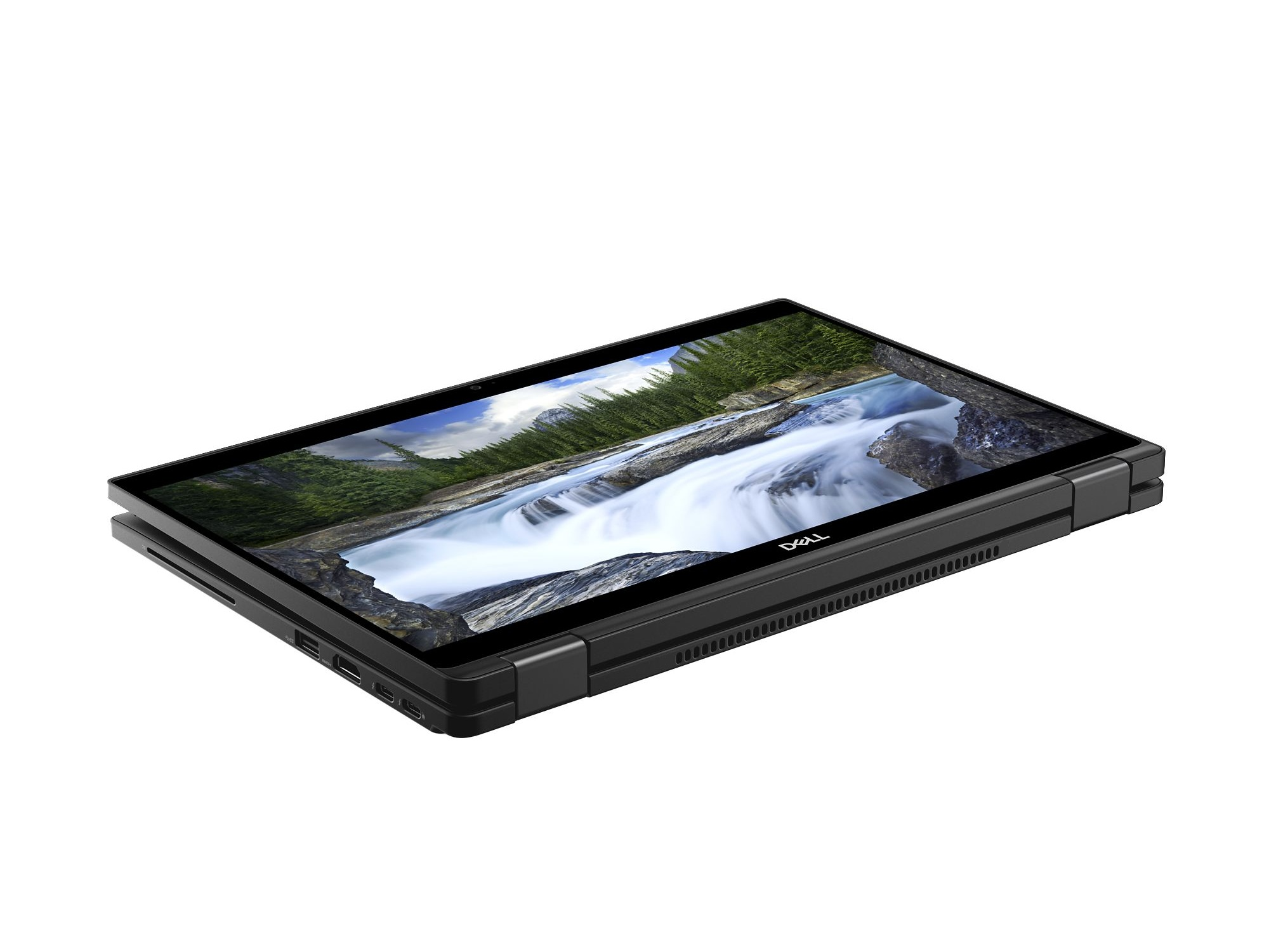 Schwarzer Dell-Laptop im Tablet-Modus zeigt eine Wasserfallszene. Der Laptop ist angewinkelt und geöffnet.