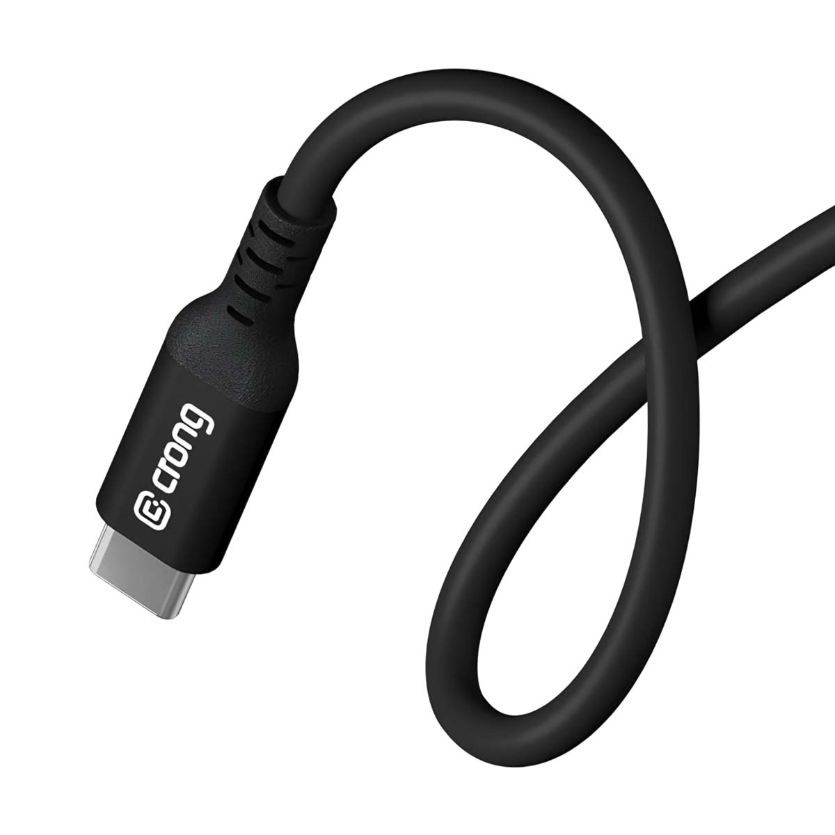 Un câble de chargement USB-C noir avec la marque 'crong' sur le connecteur. Le câble est courbé, sur fond blanc.