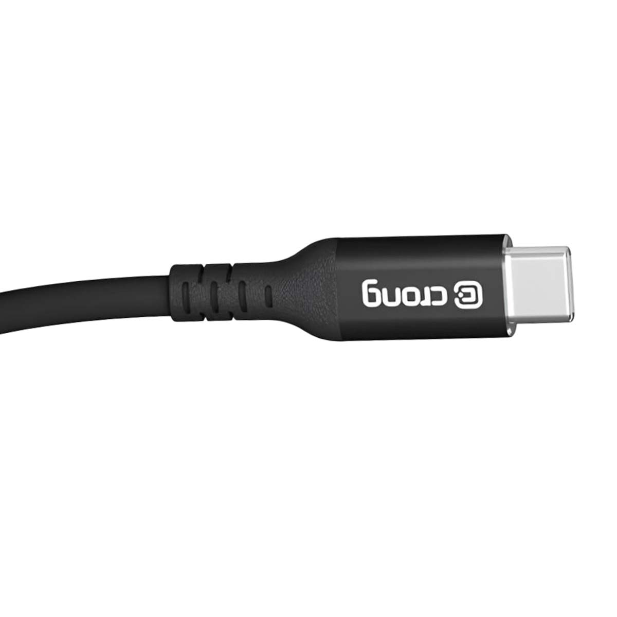 Un câble USB-C noir avec le logo 'crong'. Le câble est sur fond blanc.