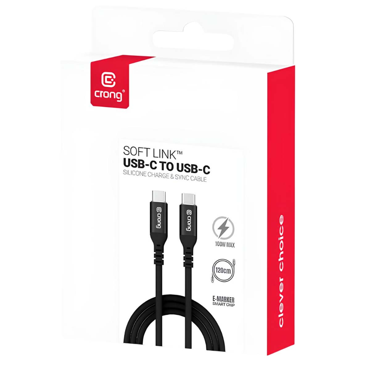 Un emballage de câble Crong USB-C vers USB-C. Inclut le câble, le logo de la marque et des spécifications comme 100W max et 120cm de long.
