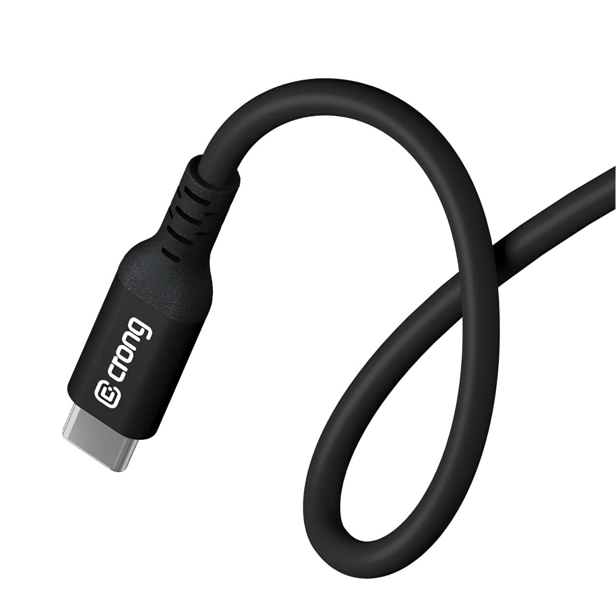 Un câble USB-C noir. Le câble est enroulé, avec un connecteur USB-C à une extrémité et le logo Crong visible.