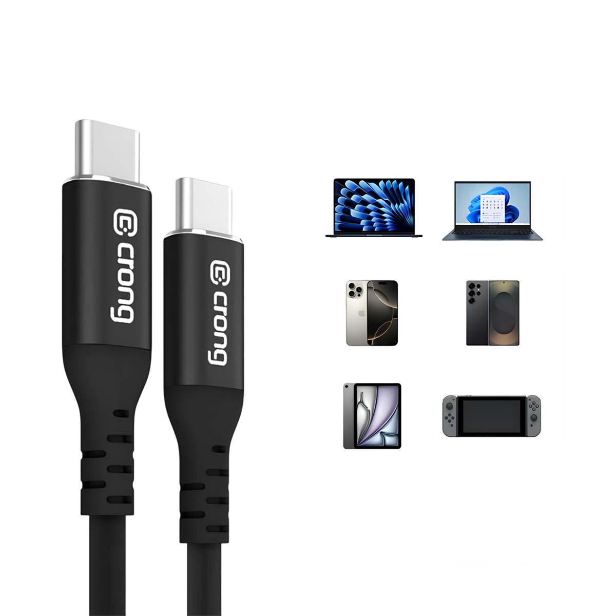 Deux câbles USB-C noirs avec le logo 'crong', et divers appareils : ordinateurs portables, smartphones, une tablette et une console de jeu.