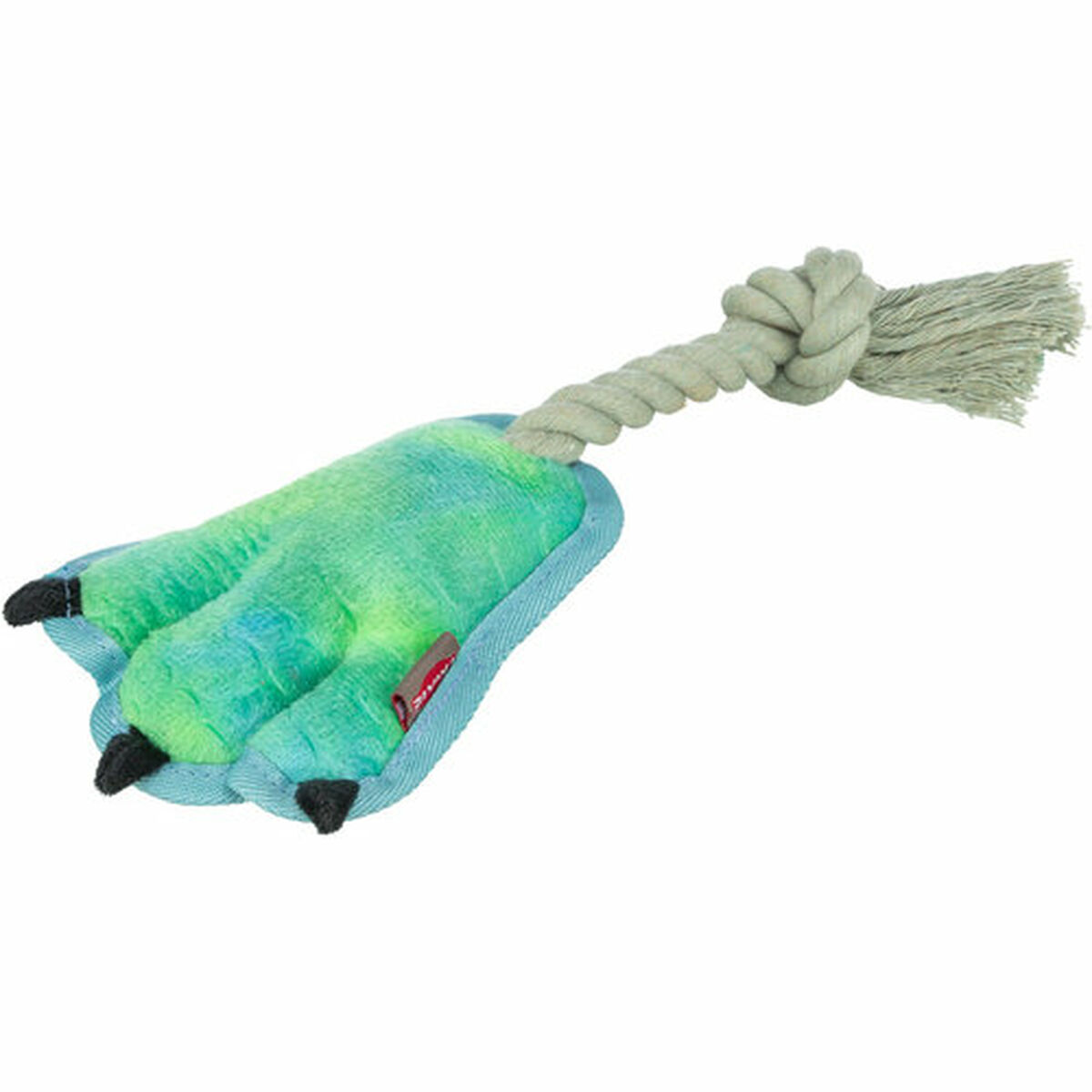 Un giocattolo per cani a forma di piede di dinosauro, verde e blu, con una corda attaccata. Il piede ha artigli neri. Sfondo bianco.