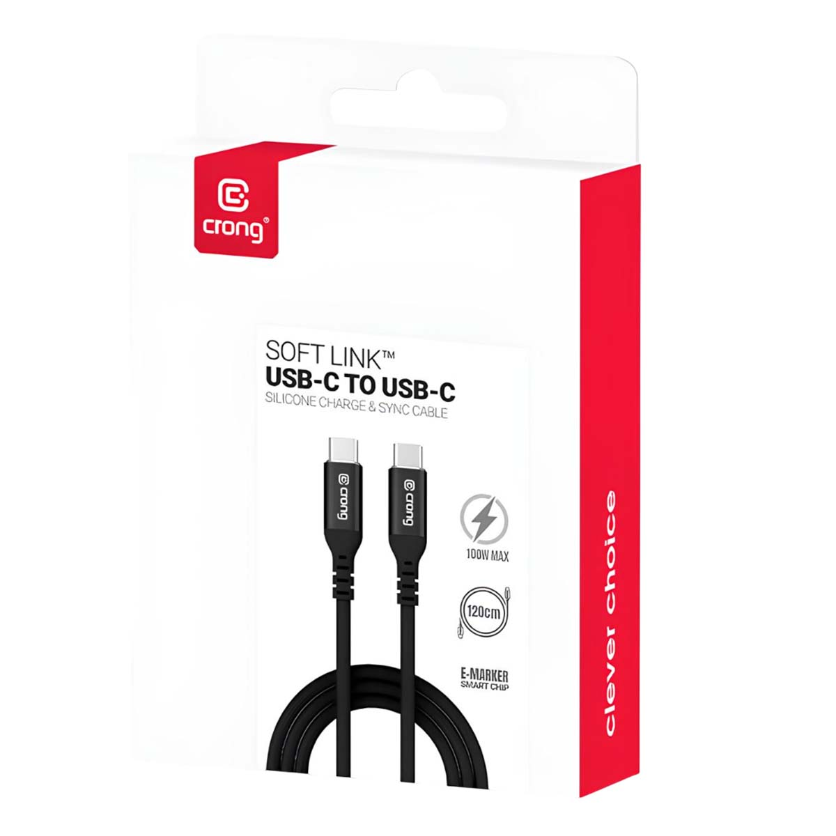 Une boîte blanche avec des accents rouges affiche un câble USB-C noir. L'emballage comprend le logo "crong" et les détails du produit.