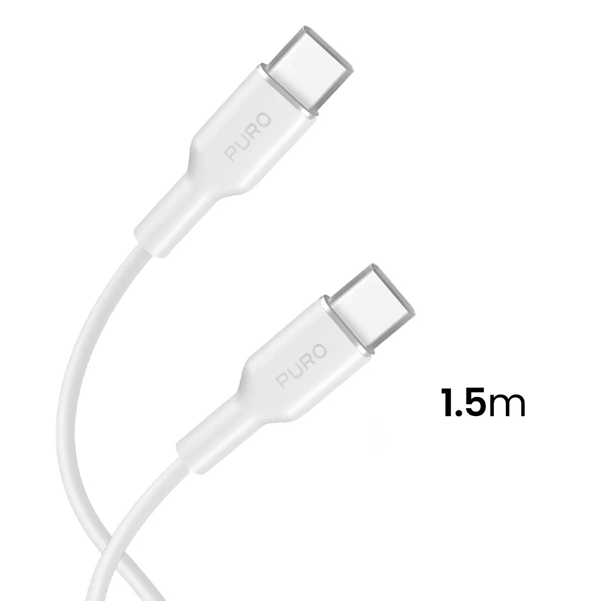 Deux câbles USB-C blancs, étiquetés 'PURO', sont inclinés sur un fond blanc. Le texte '1,5m' apparaît en noir.
