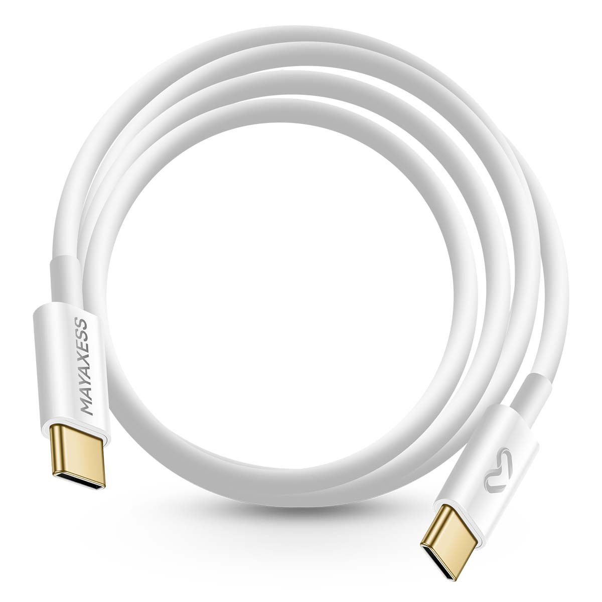 Ein weißes USB-C-Kabel ist auf weißem Hintergrund aufgerollt. Die Stecker sind goldfarben und mit MAYAXESS und einem Herzsymbol beschriftet.