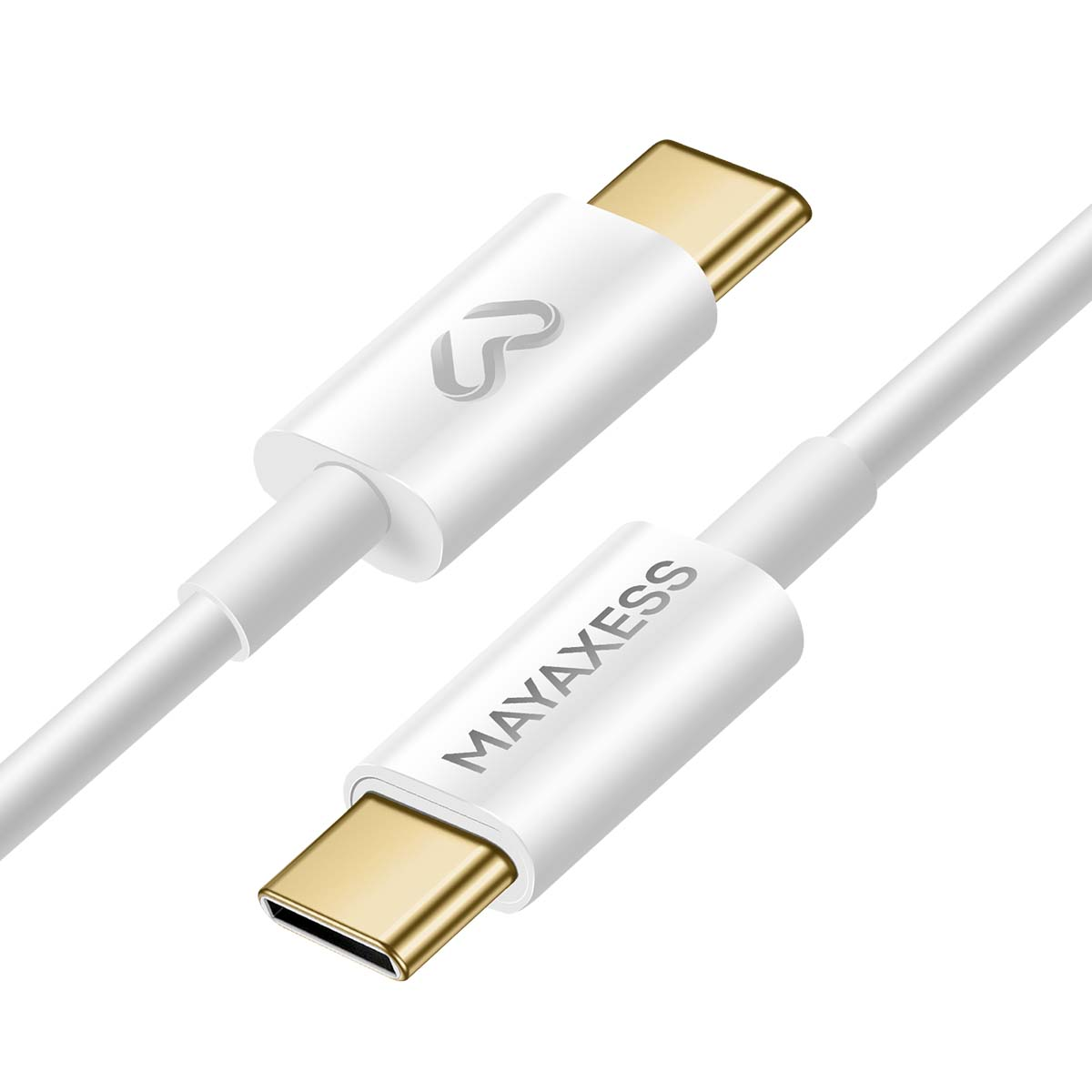 Deux câbles USB-C blancs avec connecteurs dorés. L'un a un logo, l'autre le nom de la marque MAYAXESS.