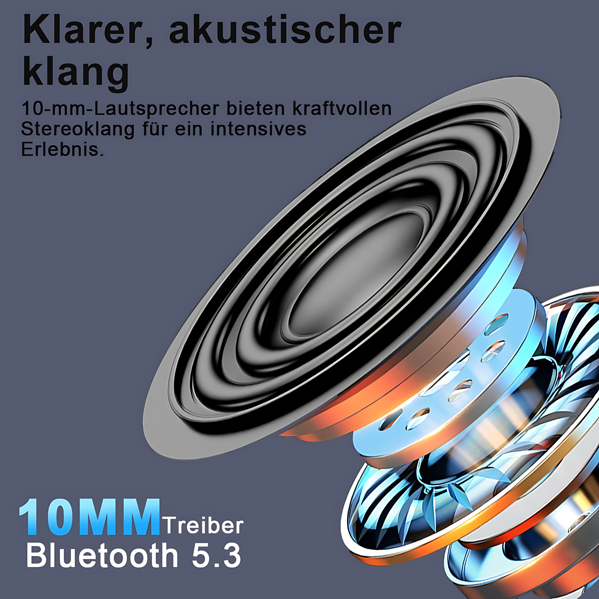 Widok wybuchu głośnika. Metalowe, okrągłe elementy z tekstem: 10MM Treiber Bluetooth 5.3.