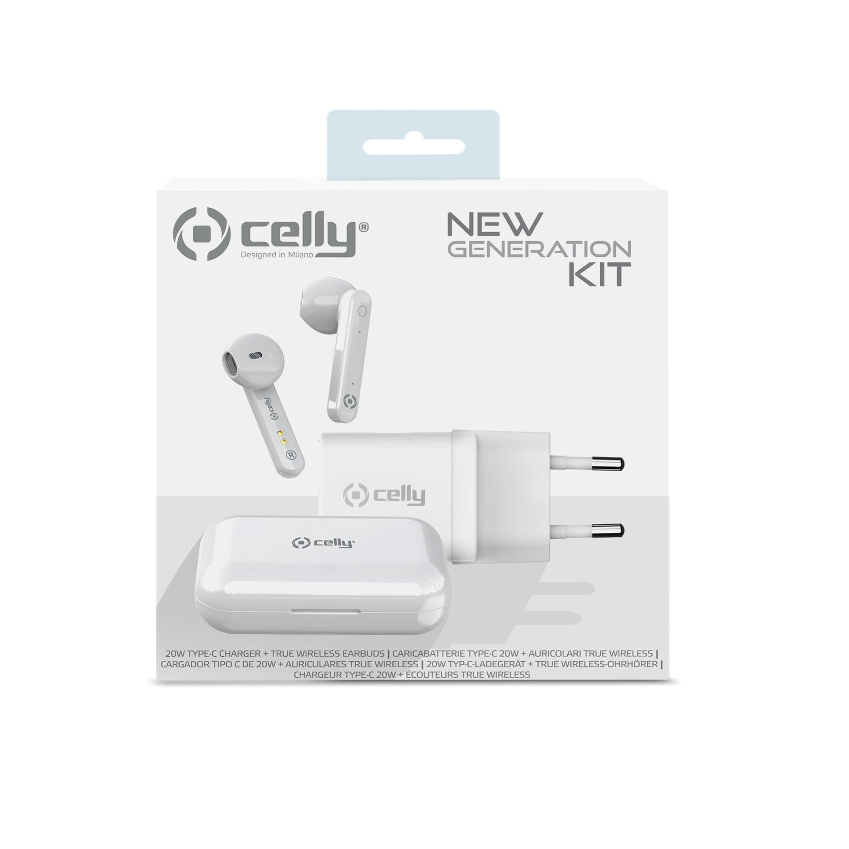 Un kit Celly New Generation bianco. Include auricolari, un caricatore e una custodia di ricarica, su sfondo bianco.