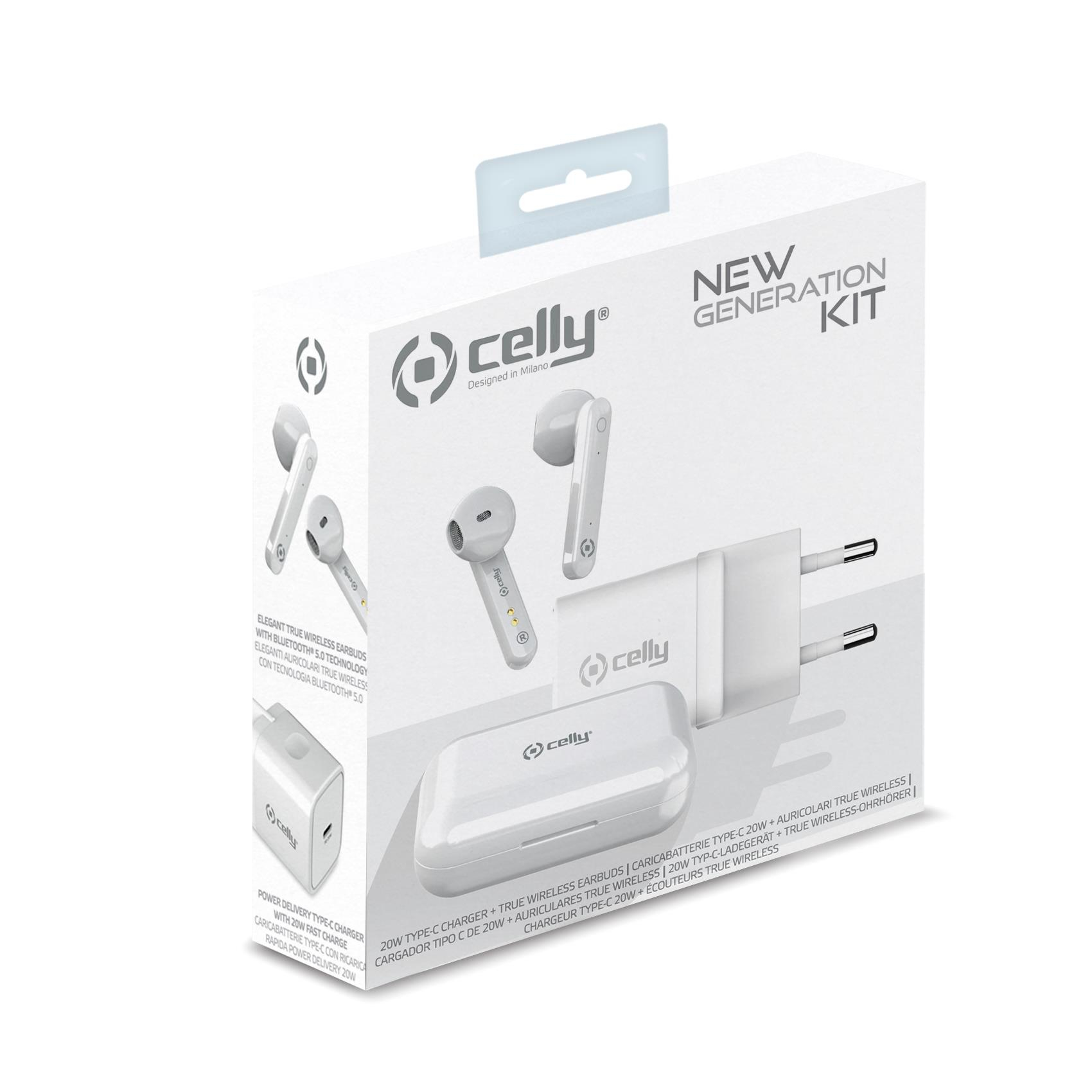 Una scatola bianca con auricolari, un caricatore e una custodia di ricarica. Il testo include 'Celly' e 'New Generation Kit'.