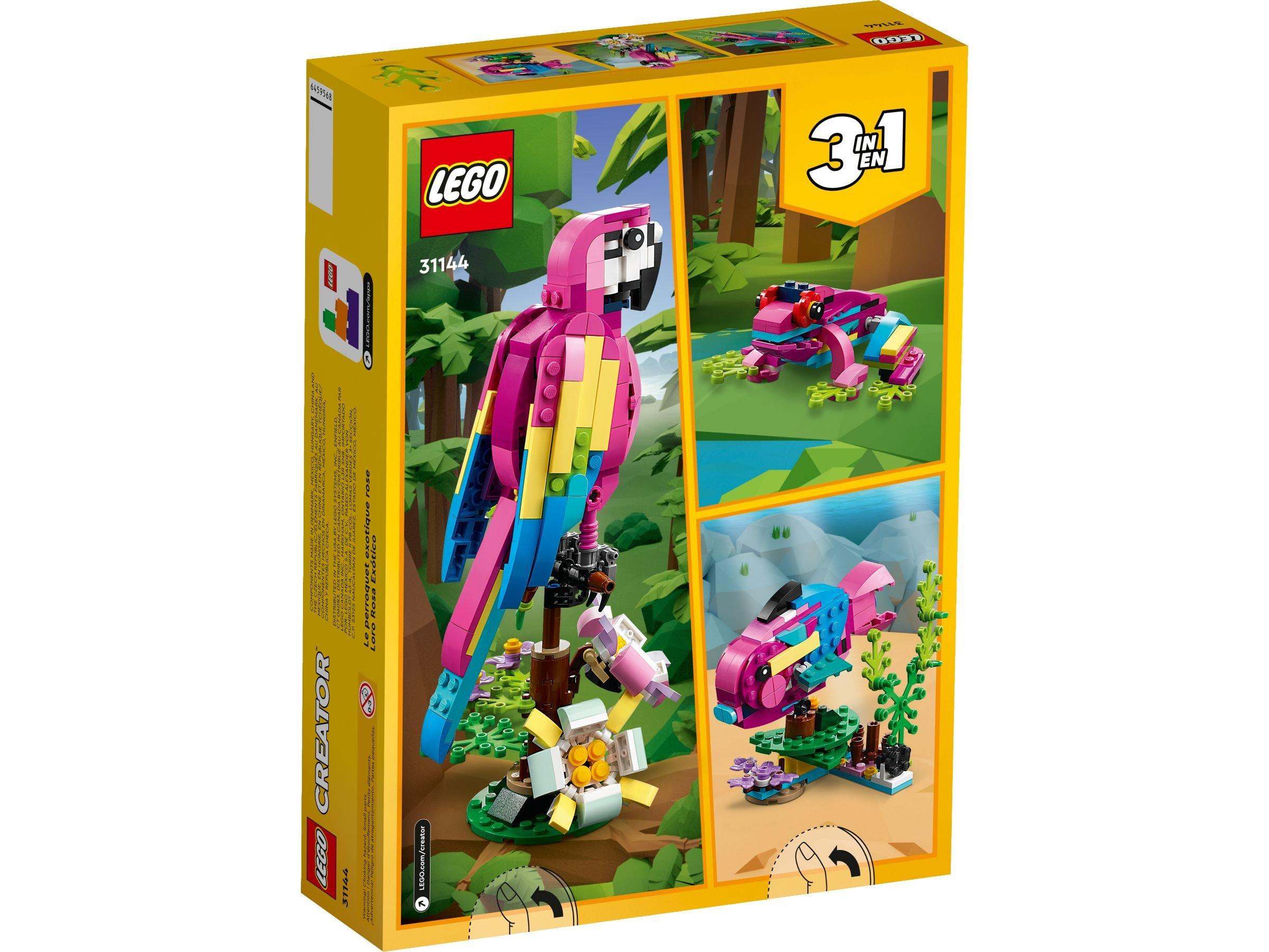 LEGO Creator-Box. Enthält einen Papagei, einen Frosch und einen Fisch, alle aus LEGO-Steinen, mit gelbem Hintergrund.