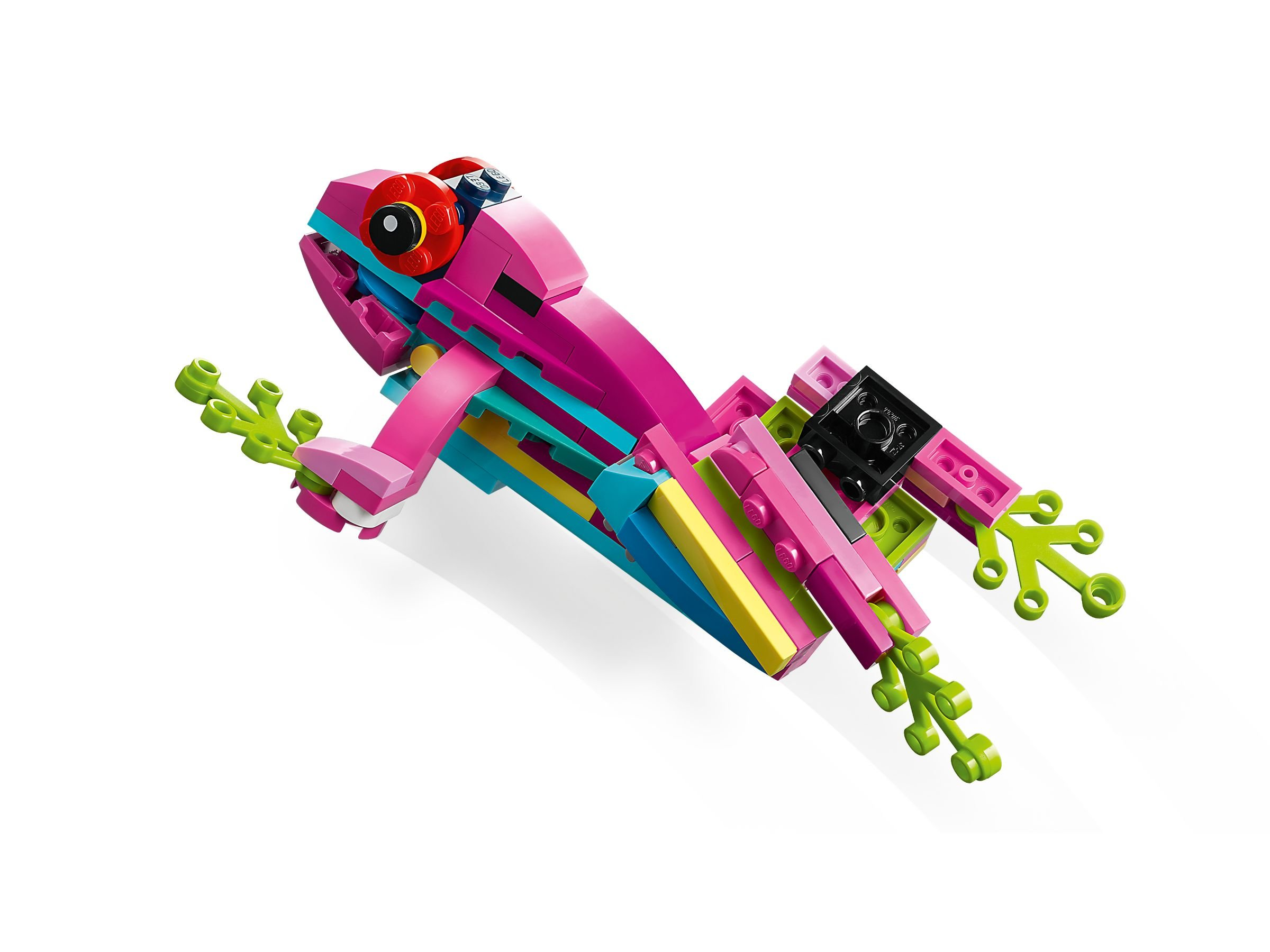 Ein farbenfrohes Lego-Chamäleon. Es hat rosa, blaue, gelbe und grüne Teile. Die Augen sind rot, schwarz und gelb.