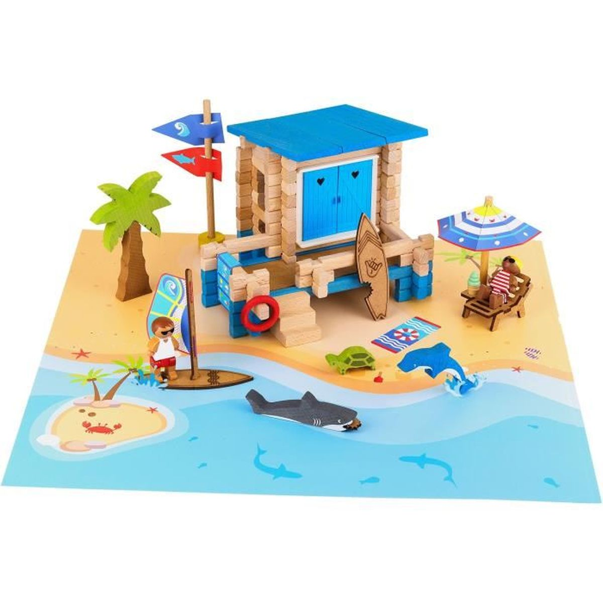 Una scena sulla spiaggia con una capanna di salvataggio, uno squalo, un delfino, una tartaruga, un ombrellone, un surfista e una persona che prende il sole.