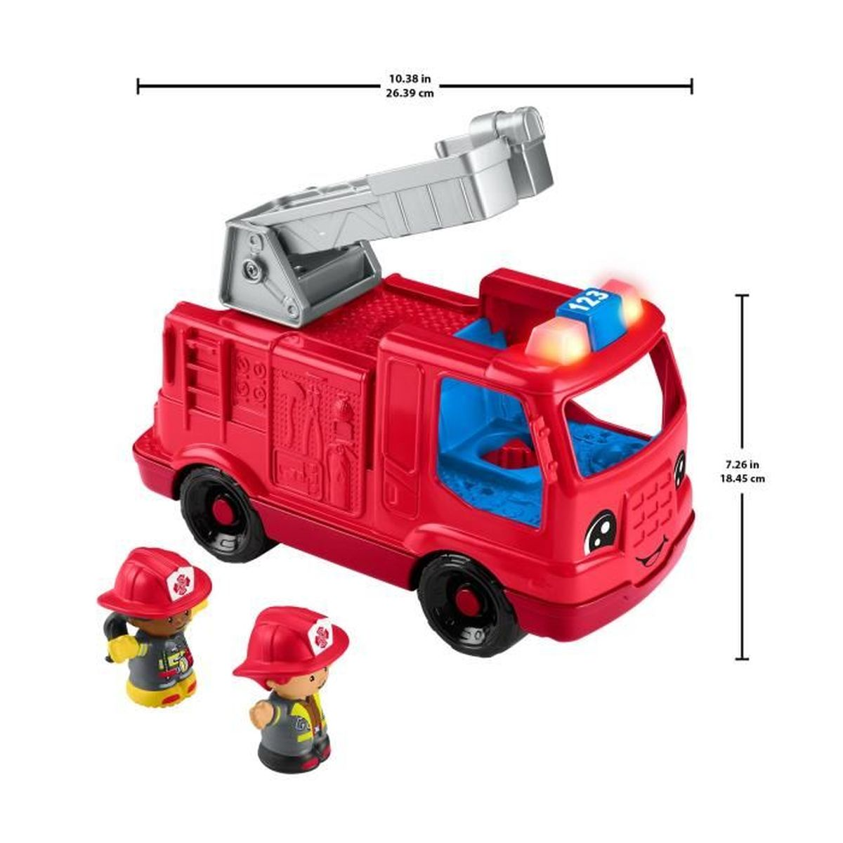 Ein rotes Spielzeugfeuerwehrauto mit Leiter, zwei Spielzeugfeuerwehrleuten und angegebenen Abmessungen. Das Auto hat blaue Fenster und Lichter.