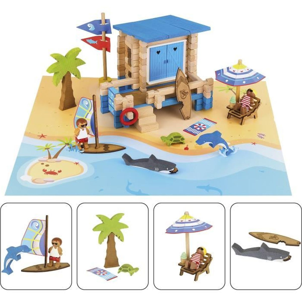 Scena di spiaggia in legno con torre di salvataggio, palme, squalo, delfino e bagnanti. Include tavole da surf, bandiere e ombrellone.