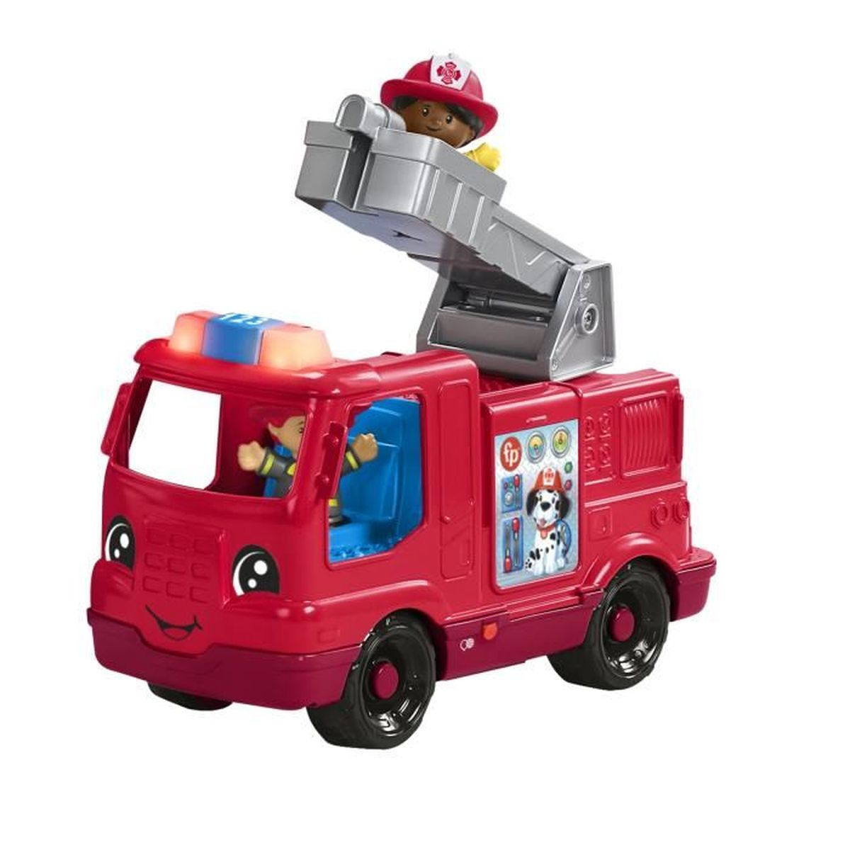 Ein rotes Spielzeugfeuerwehrauto mit Leiter und zwei Feuerwehrfiguren. Der Truck hat schwarze Räder und ein lächelndes Gesicht.