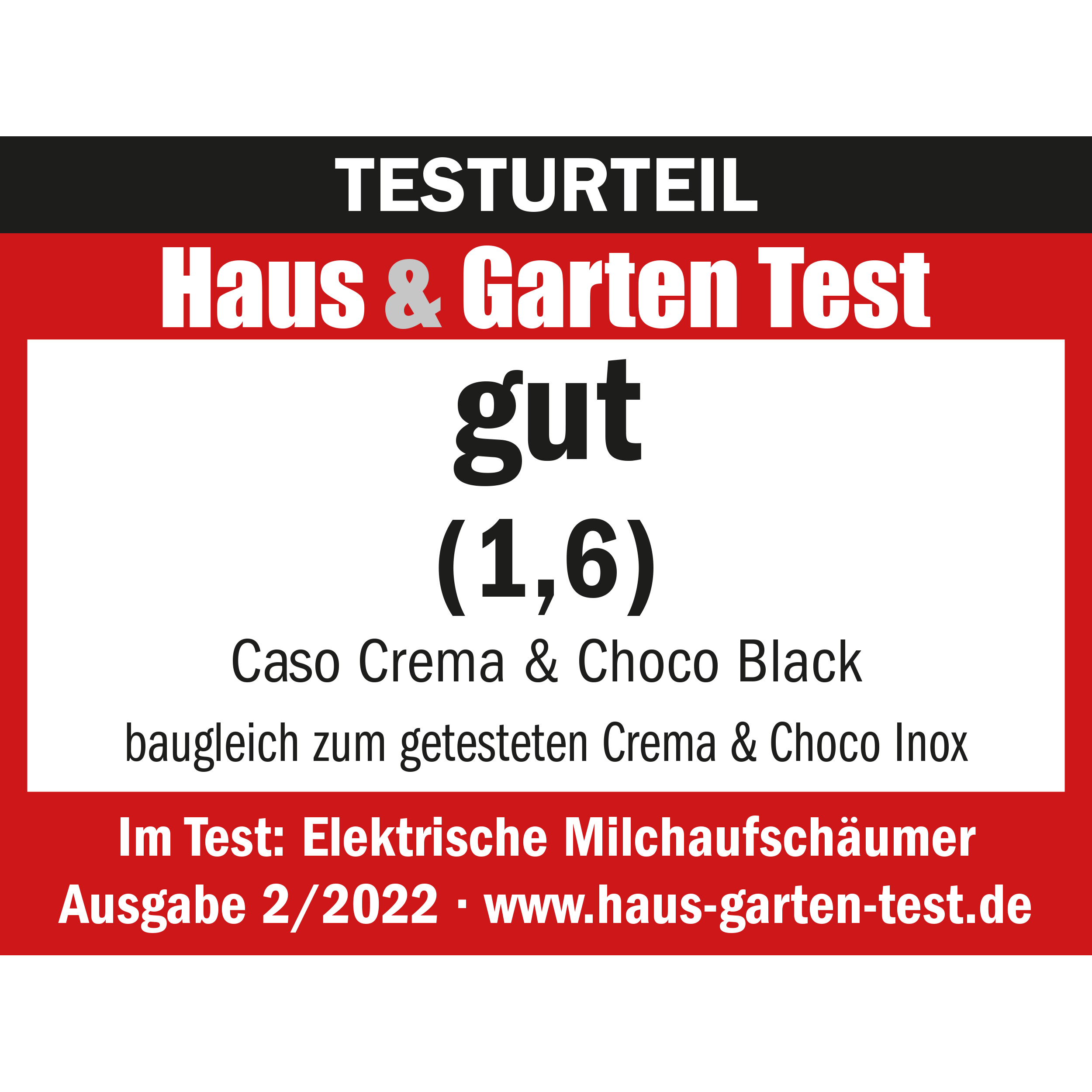 Ein deutschsprachiges Testergebnis mit rotem und weißem Text. Es steht 'gut', die Note 1,6 und 'Caso Crema & Choco Black'.