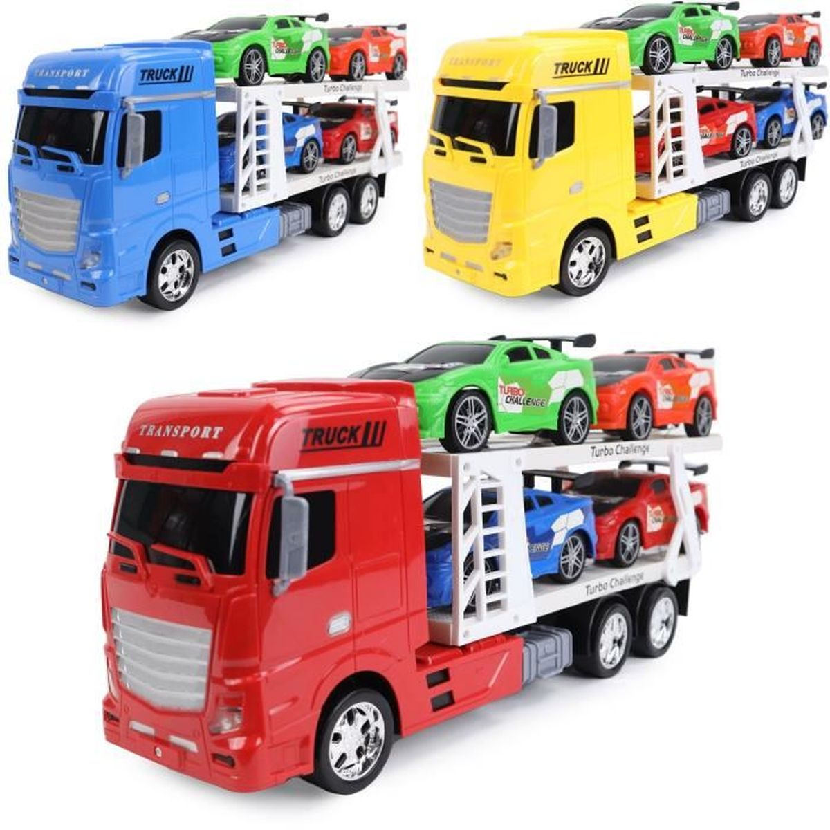 Drei Spielzeug-LKWs, blau, gelb und rot, die jeweils mehrere kleine Spielzeugautos in verschiedenen Farben, darunter grün, rot und blau, transportieren.
