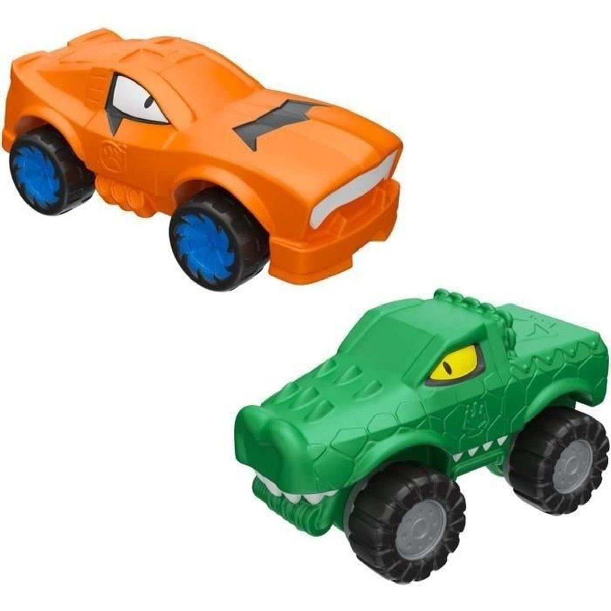 Zwei Spielzeug-Monstertrucks. Einer ist orange mit blauen Rädern, der andere grün mit schwarzen Rädern. Beide haben cartoonartige Designs.