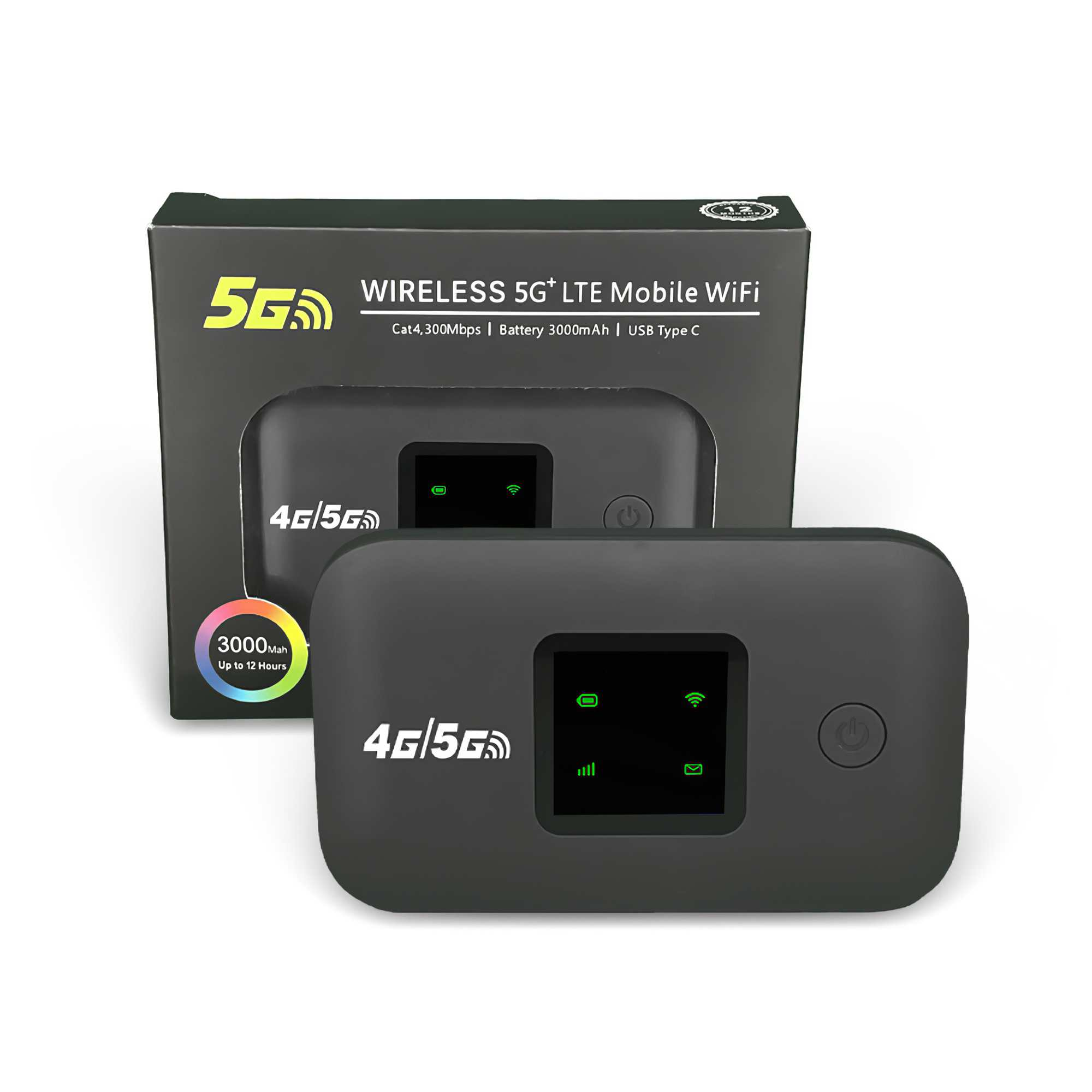 Ein schwarzes 5G Mobile Wi-Fi-Gerät und seine Box werden angezeigt. Das Gerät hat einen Bildschirm mit Symbolen. Die Box zeigt Funktionen.