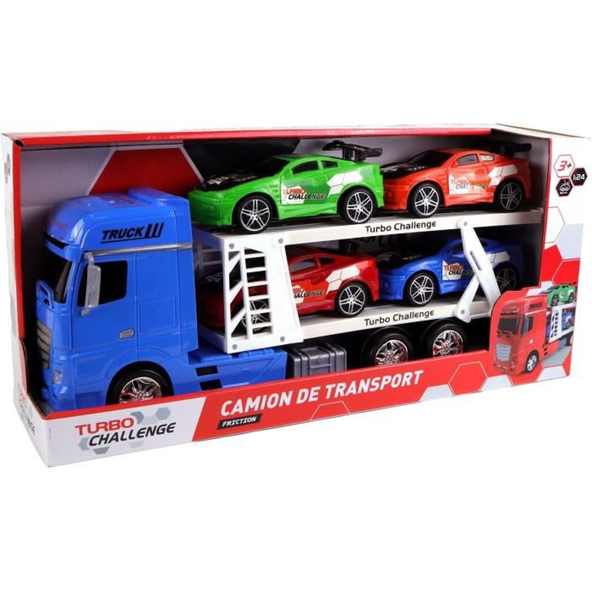 Ein Spielzeug-LKW transportiert mehrere kleine Spielzeug-Rennwagen. Der LKW ist blau, die Autos sind grün, rot und blau, und die Schachtel ist weiß und rot.