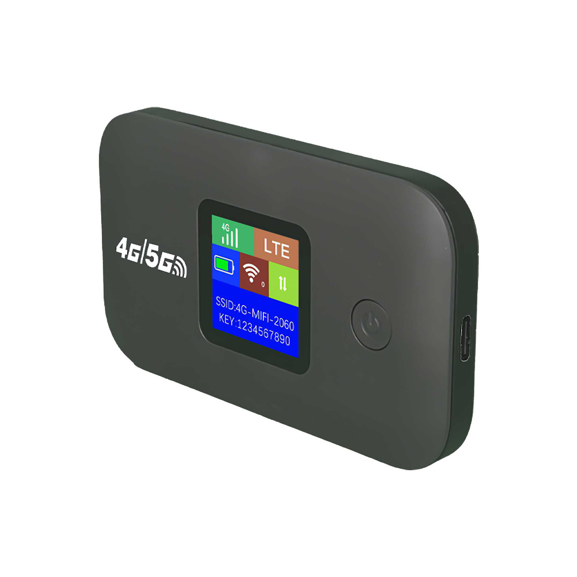 Ein schwarzes tragbares WLAN-Gerät mit einem Bildschirm, der Netzwerkinformationen anzeigt. Es hat 4G/5G- und LTE-Anzeigen.
