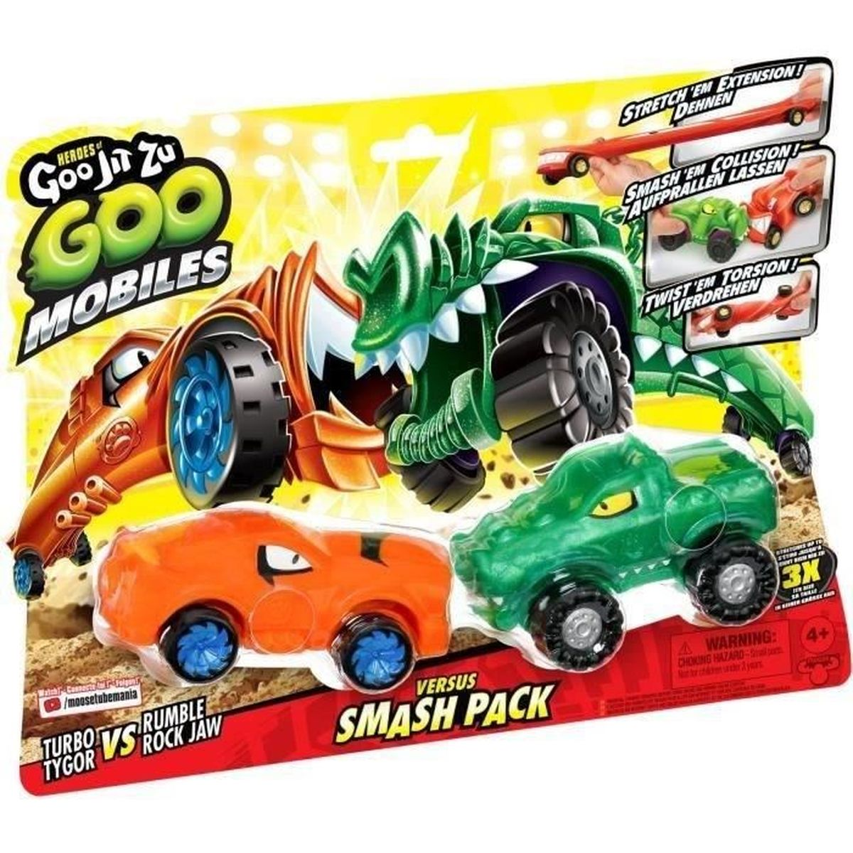 Eine Spielzeugverpackung mit zwei Monstertrucks. Einer orange, einer grün. Die Verpackung hat das Logo "Goo Jit Zu".