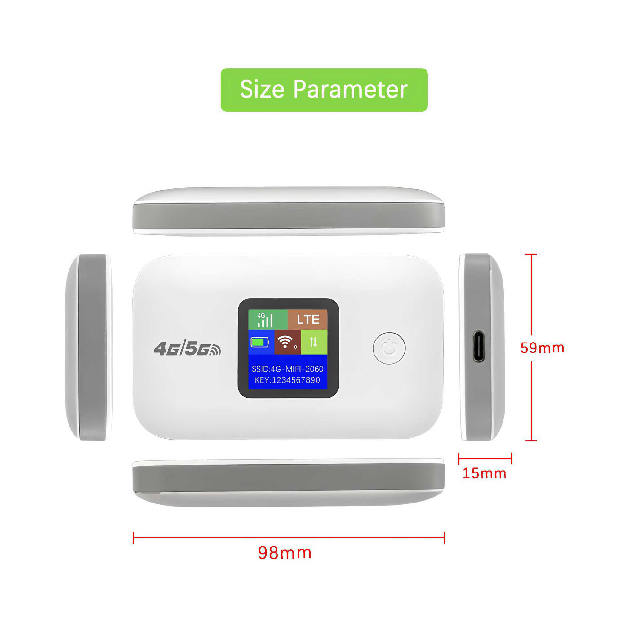 Weißes und graues Pocket-WLAN-Gerät mit abgebildeten Abmessungen. Es hat einen Bildschirm mit Netzwerkinformationen und eine Ein-/Aus-Taste.