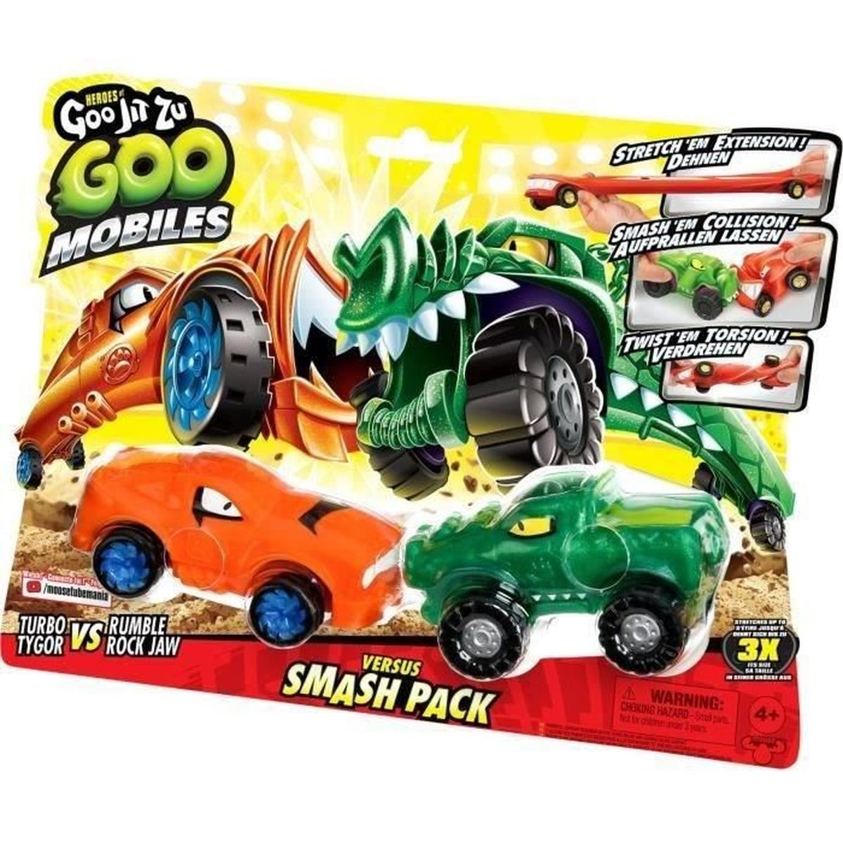 Eine Spielzeugverpackung mit Goo Jit Zu Goo Mobiles. Orange und grüne Monstertrucks im Vordergrund. Die Verpackung hat Action-Funktionen.