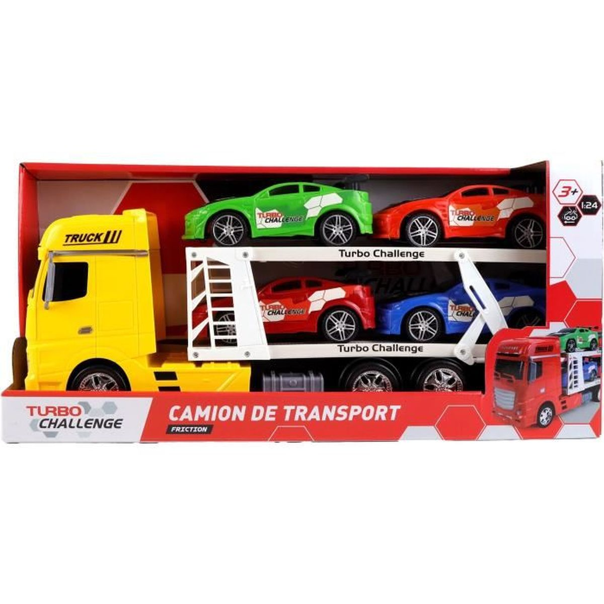 Ein Spielzeug-LKW transportiert grüne, rote und blaue Autos auf einem Anhänger. Der LKW ist gelb, der Anhänger weiß und die Box rot.