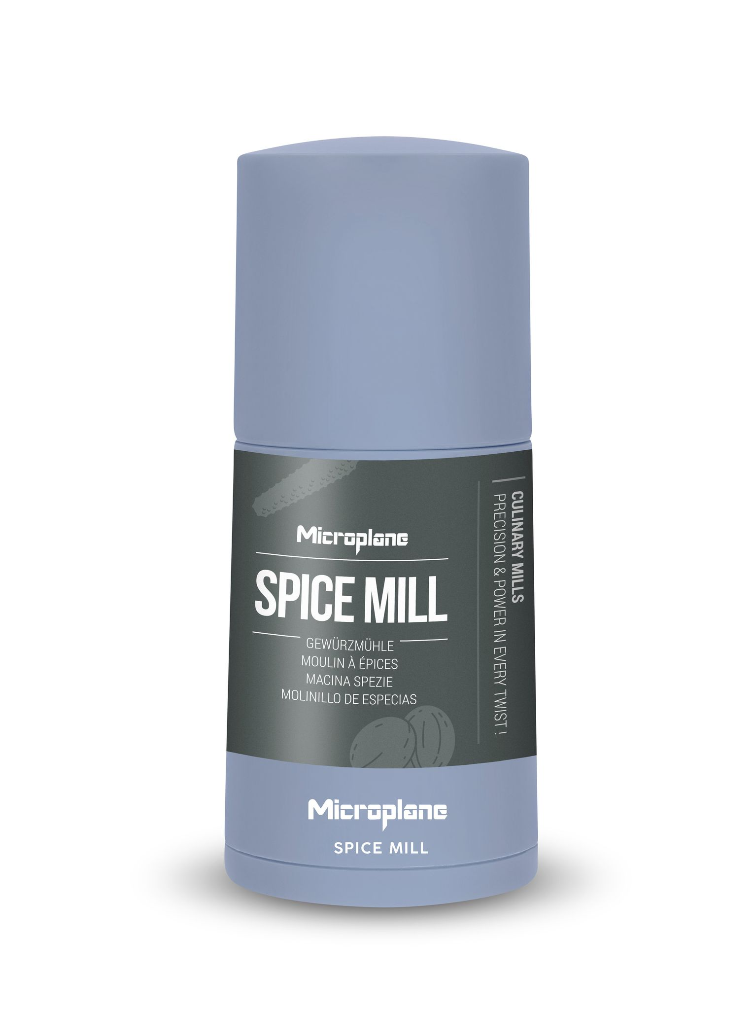 Eine hellblaue Gewürzmühle mit schwarzem Text, der 'SPICE MILL' und 'Microplane' lautet.