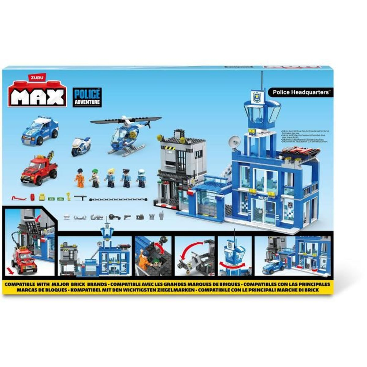 Un set di gioco di avventura della polizia con stazione di polizia blu, elicottero, auto, moto e minifigure su sfondo bianco.