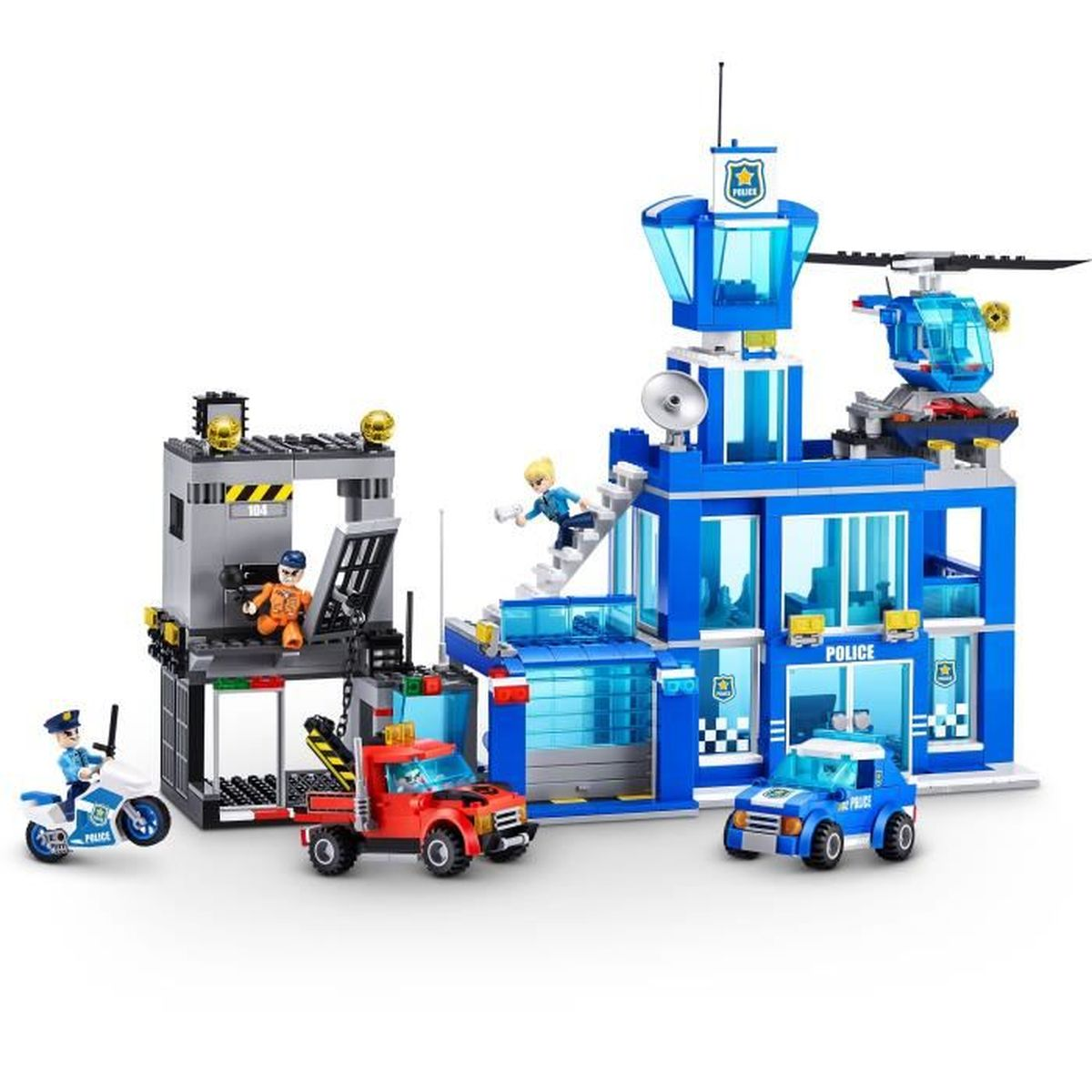 Una stazione di polizia Lego con veicoli e personaggi. Include un elicottero, auto, una moto e un edificio carcerario con un prigioniero.