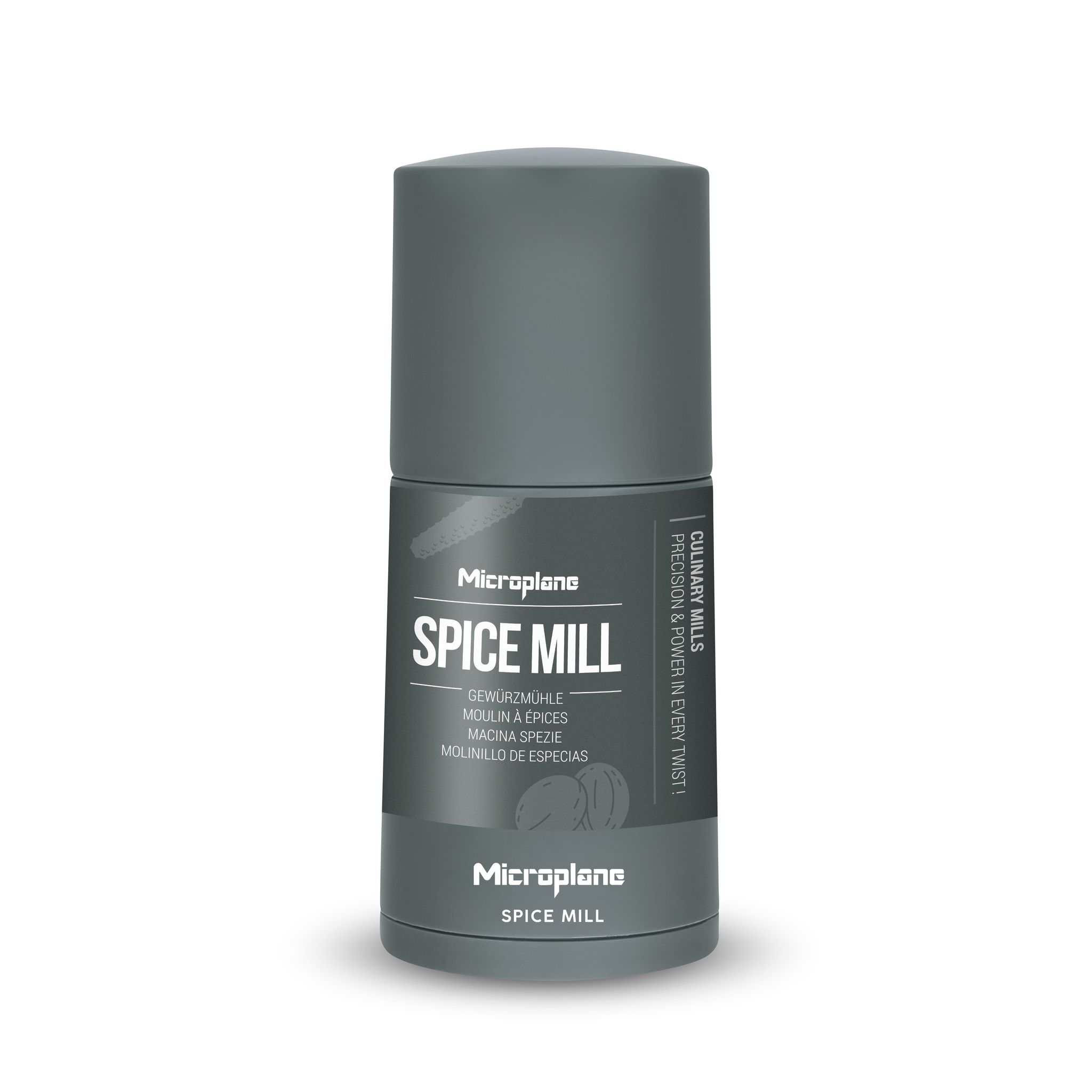 Eine graue Gewürzmühle mit Text. Die Marke ist Microplane. Es steht 'Spice Mill' in mehreren Sprachen. Weißer Hintergrund.