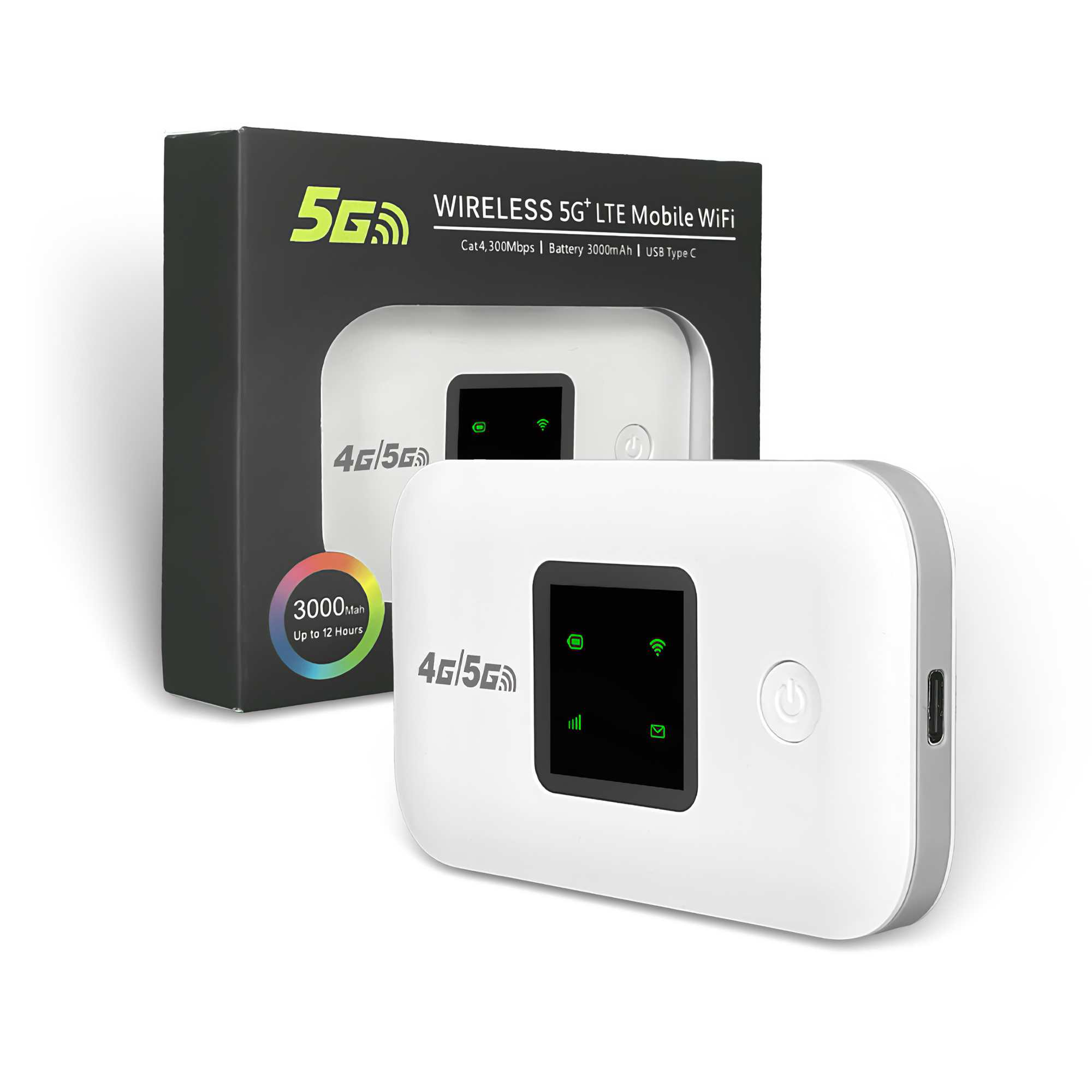 Ein weißes und schwarzes mobiles WLAN-Gerät und seine Box. Das Gerät hat einen Bildschirm und Knöpfe.