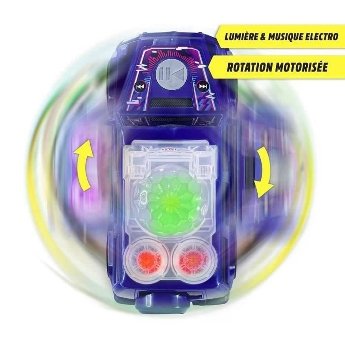 Ein Spielzeugauto mit Licht und Musik. Es hat eine grüne Mitte und rote Kreise. Pfeile zeigen die motorisierte Drehung an.