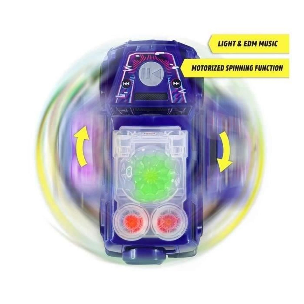 Ein blaues Spielzeug mit Drehfunktion. Es hat eine grüne Mitte, rote Lichter und Wiedergabe-/Pausentasten. Text: 'Light & EDM music'.